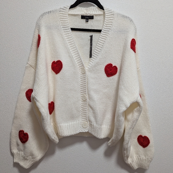 NWT Lulu's White Cardigan with Red Heart Accents - Size L/XL ❤️❤️ - Picture 5 of 11